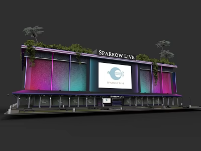 Lush Green Roof Garden Landscape with Palms Colorful Facade and Large Screen 3d model