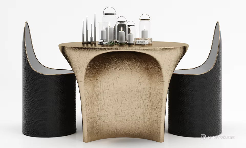 Gold Metallic Dining Table Set With Unique Curved Design And Black Leather Chairs 3d model 