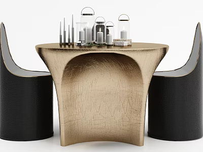 Gold Metallic Dining Table Set With Unique Curved Design And Black Leather Chairs 3d model