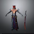 Fantasy Style Character With Red Horns Flowing Decorative Robe And Red Sword 3d model