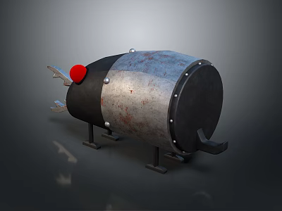 Rusty Metal Barrel Device With Red Button And Mechanical Character Features 3d model