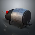 Rusty Metal Barrel Device With Red Button And Mechanical Character Features 3d model