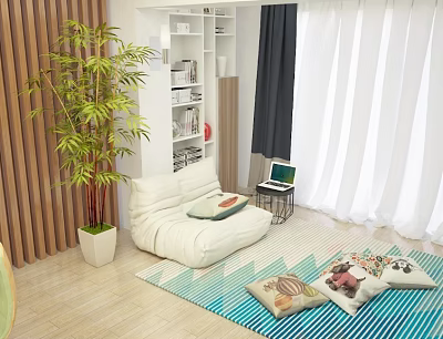 White Lazy Sofa Interior With Bamboo Plant Bookshelf Laptop Small Table Turquoise Rug And Pillows 3d model