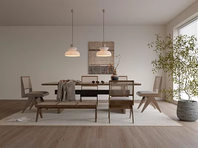Stylish Dining Interior With Wooden Dining Table Pendant Lights Chairs Bench Wall Art And Plant 3d model