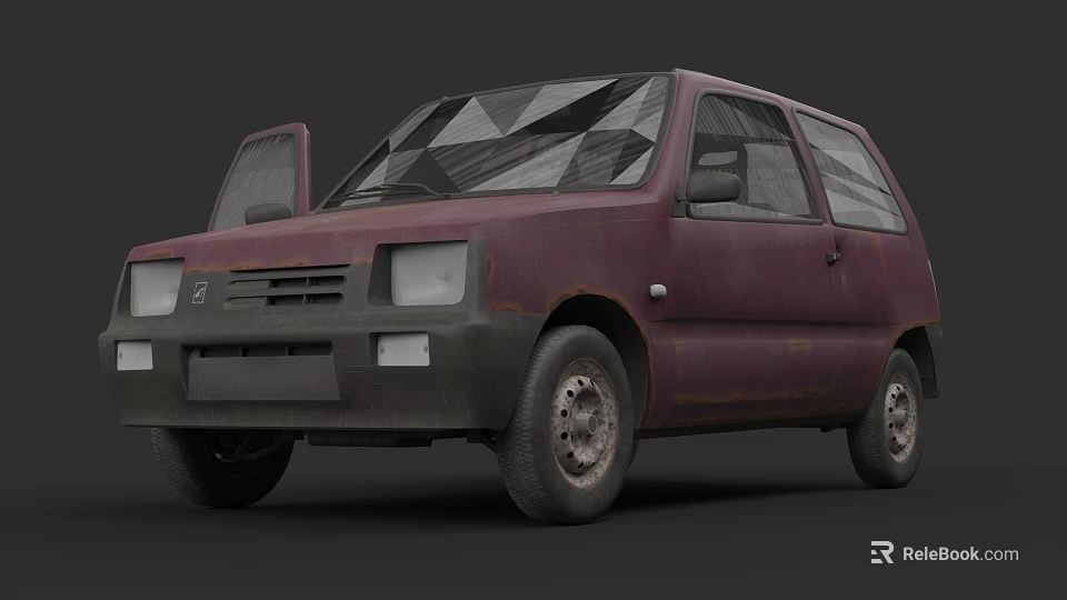 Rusty Purple Old Car With Open Doors Front Grille And Worn Tires 3d model 