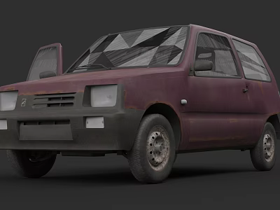 Rusty Purple Old Car With Open Doors Front Grille And Worn Tires 3d model