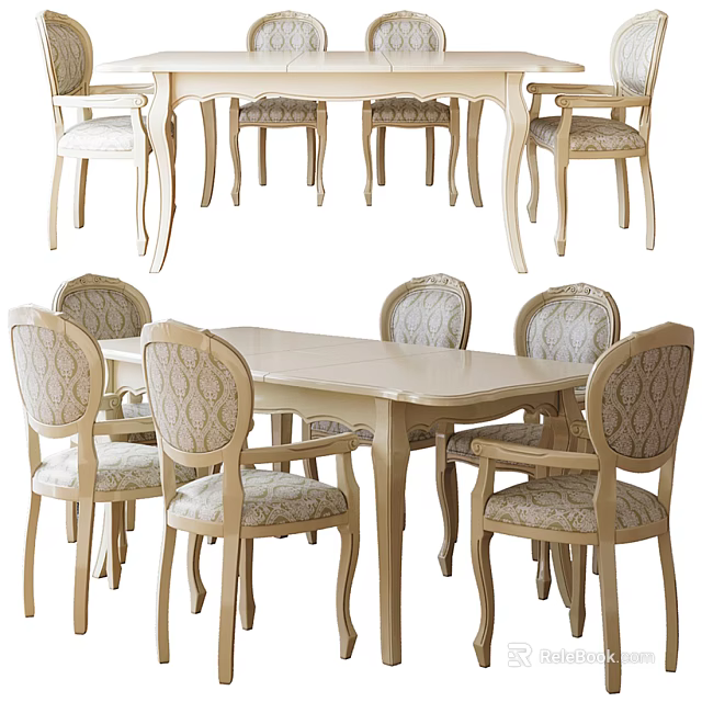 Elegant Rectangular Dining Table Set With Classic Wooden Chairs And Patterned Backrests 3d model