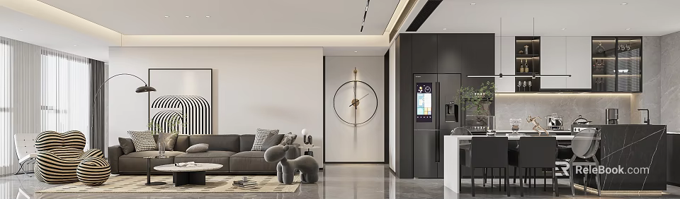 Modern Living And Dining Area Interior Design With Grey Sofa Round Clock And Smart Refrigerator 3d model