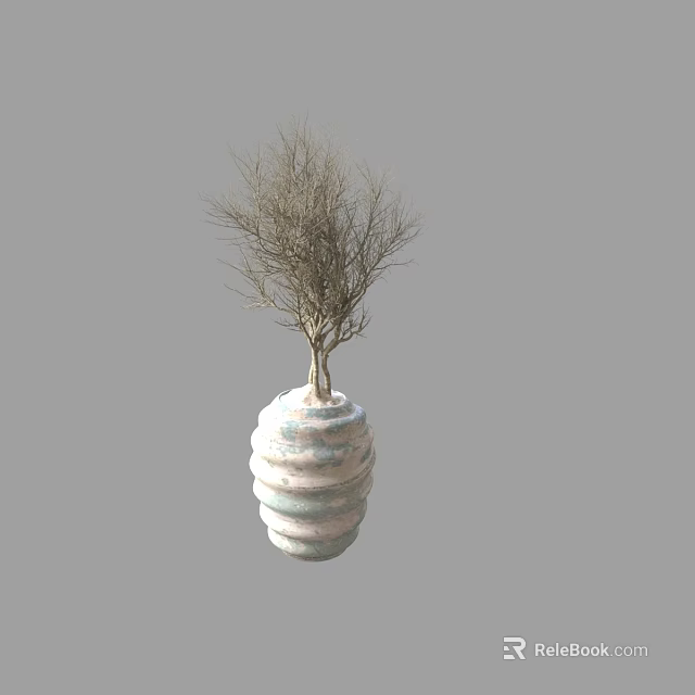 White Striped Ceramic Vase Holding Dried Branches For Modern Interior Design 3d model