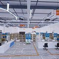 Modern Public Office Area With Blue Storage Boxes Metal Shelves Workstations And Ceiling Light Strips