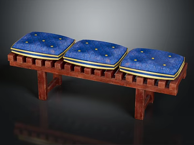 Stylish Public Bench With Three Blue Cushions Wooden Frame And Button Details 3d model