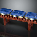 Stylish Public Bench With Three Blue Cushions Wooden Frame And Button Details