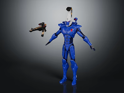 Blue Robot Action Figure With Blue Armor Holding Gun In Standing Pose 3d model
