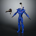 Blue Robot Action Figure With Blue Armor Holding Gun In Standing Pose