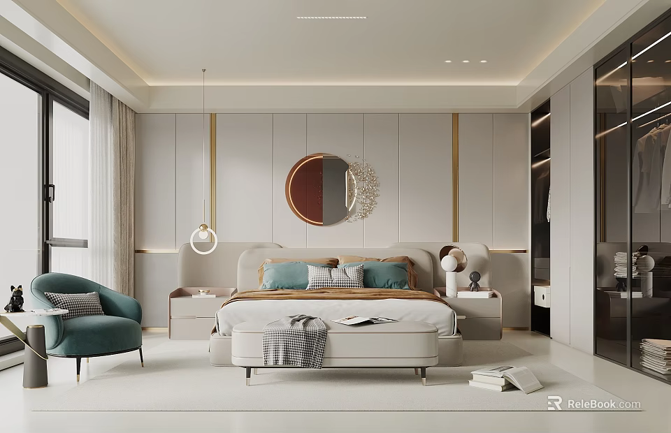 Modern Bedroom Interior Design With Comfortable Bed Decorative Mirror Nightstands And Pendant Lights 3d model 