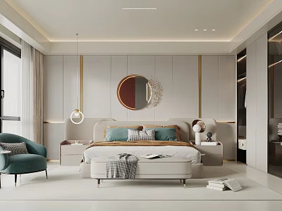 Modern Bedroom Interior Design With Comfortable Bed Decorative Mirror Nightstands And Pendant Lights 3d model