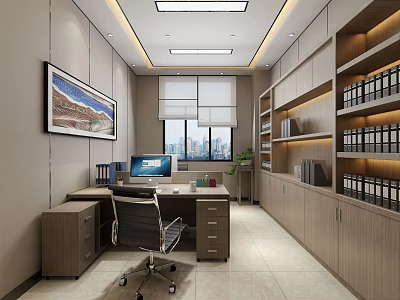Modern Office Interior With Desk Computer Bookshelves Files Wall Art And City View 3d model
