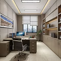 Modern Office Interior With Desk Computer Bookshelves Files Wall Art And City View