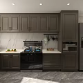Modern Kitchen Interior With Dark Cabinets Marble Backsplash Appliances And Natural Light