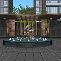 Elegant Entrance Gate With Central Water Fountain Sculpture Decorative Columns Lighting And Greenery