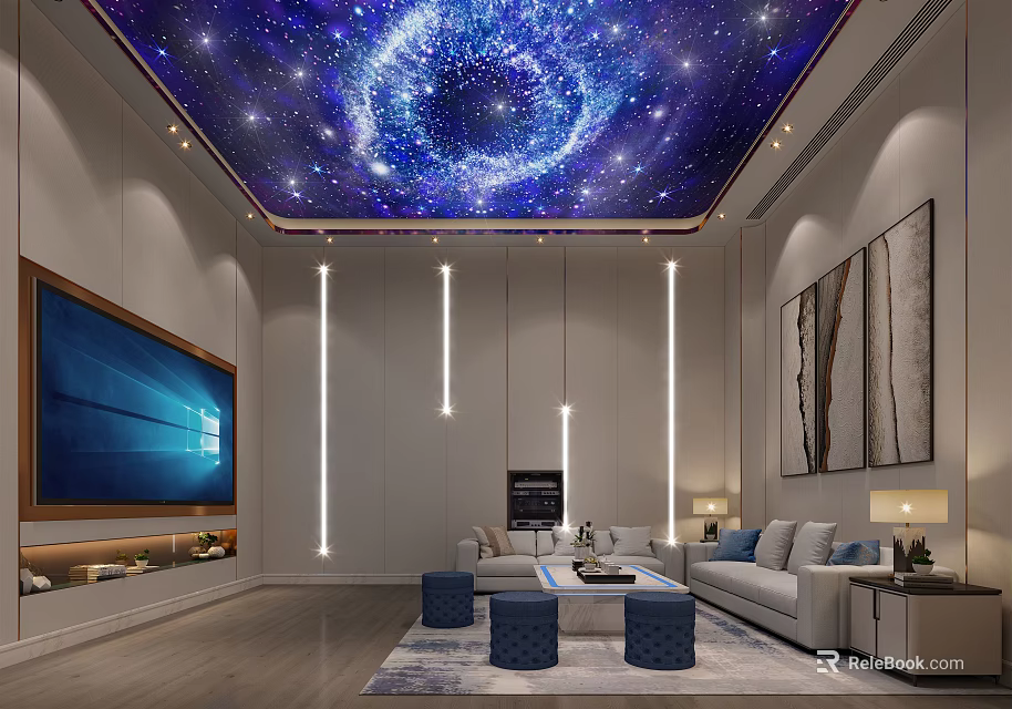Modern Home Theater Interior With Starry Sky Ceiling Large Screen TV And Comfortable Sofa 3d model 