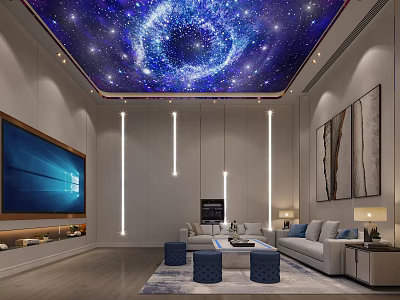 Modern Home Theater Interior With Starry Sky Ceiling Large Screen TV And Comfortable Sofa 3d model