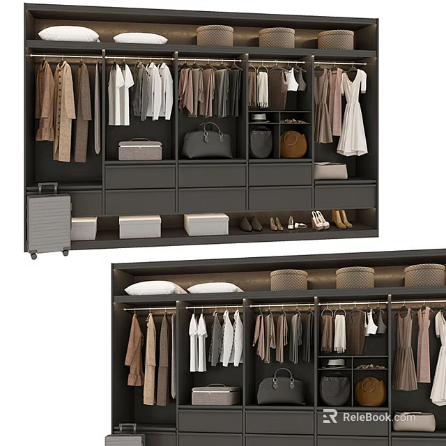 Modern Wardrobe Interior Organization With Multiple Hanging Rods Drawers Storage Boxes Bags And Shoes 3d model 