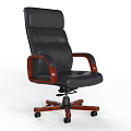 Comfortable Black Leather Office Chair With Wooden Armrests And Swivel Casters
