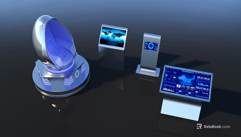 Modern Interactive Tech Setup With Spherical Pod And Digital Display Screens 3d model
