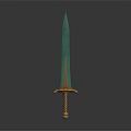 Ornate Teal Blade Sword with Golden Hilt and Intricate Decorative Design