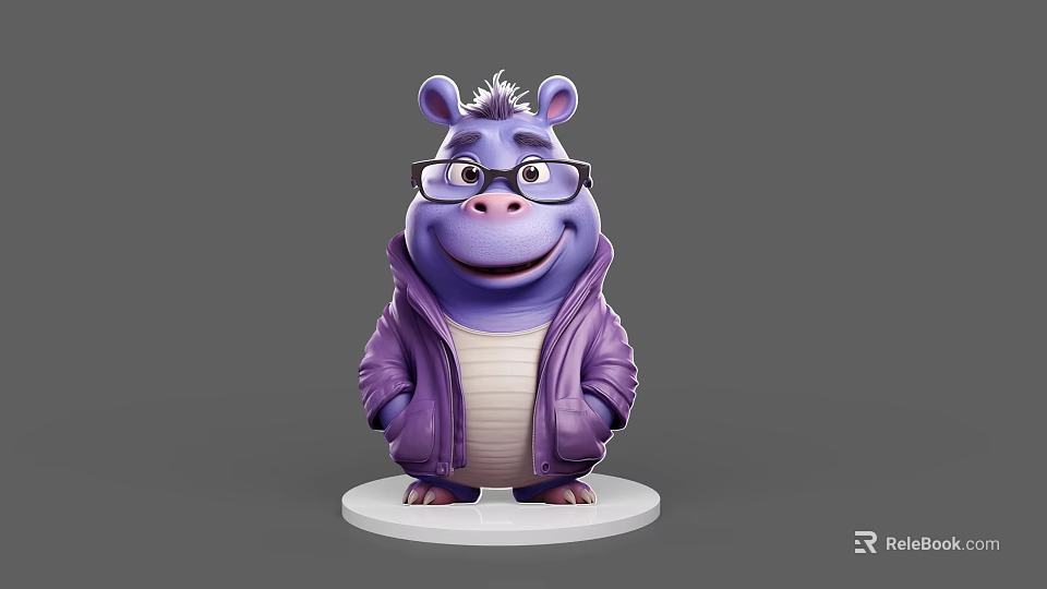 Purple Hippopotamus Wearing Glasses In Purple Hoodie With White Inner Shirt Standing On White Base 3d model 