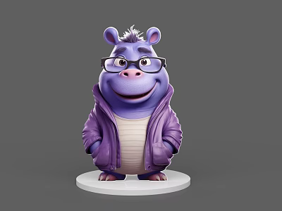 Purple Hippopotamus Wearing Glasses In Purple Hoodie With White Inner Shirt Standing On White Base 3d model