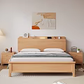 Wooden Double Bed with Headboard Nightstand Table Lamp Potted Plant and Wall Art Near Window