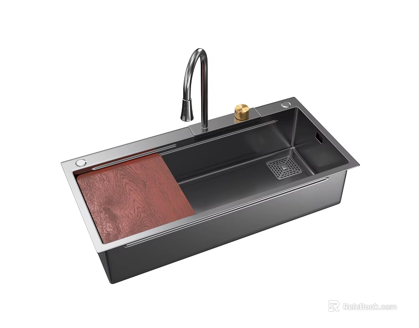 Black Kitchen Sink with Stainless Steel Faucet Red Cutting Board and Gold Knob 3d model 