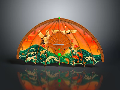 Oriental Decorative Fan Shaped Artwork With Cranes Waves And Orange Green Painted Design 3d model