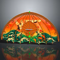 Oriental Decorative Fan Shaped Artwork With Cranes Waves And Orange Green Painted Design
