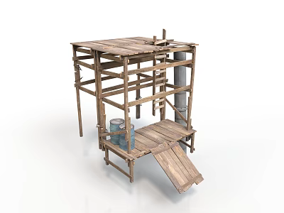Wooden Structure With Multiple Shelves Slanted Plank And Blue Container 3d model