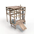 Wooden Structure With Multiple Shelves Slanted Plank And Blue Container 3d model