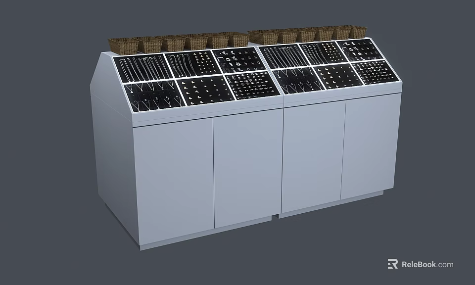 White Retail Display Shelving With Multiple Compartments And Top Storage Baskets 3d model