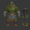 Green Skinned Muscular Orc Like Monster With Decorative Blue Red Outfit Holding Spiked Mace Weapon