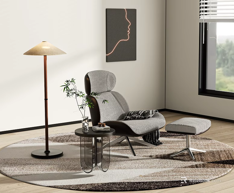 Modern Comfortable Lounge Chair With Ottoman Floor Lamp Side Table Plant And Rug 3d model 