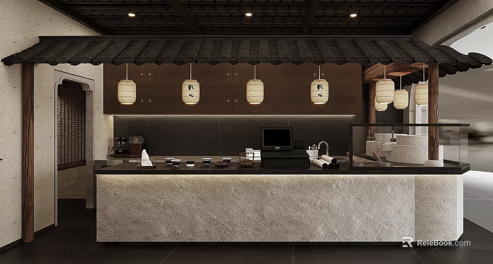 Traditional Japanese Restaurant Counter With Tile Awning And Paper Lanterns 3d model 