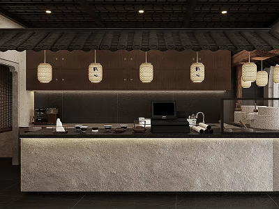 Traditional Japanese Restaurant Counter With Tile Awning And Paper Lanterns 3d model