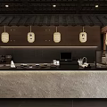 Traditional Japanese Restaurant Counter With Tile Awning And Paper Lanterns