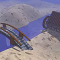 Cartoon Scene With Wooden Bridge Watermill Small House And Mountain Background