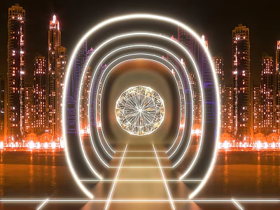 Modern Neon Arch Event Entrance With City Night Lighting And Water Surface 3d model