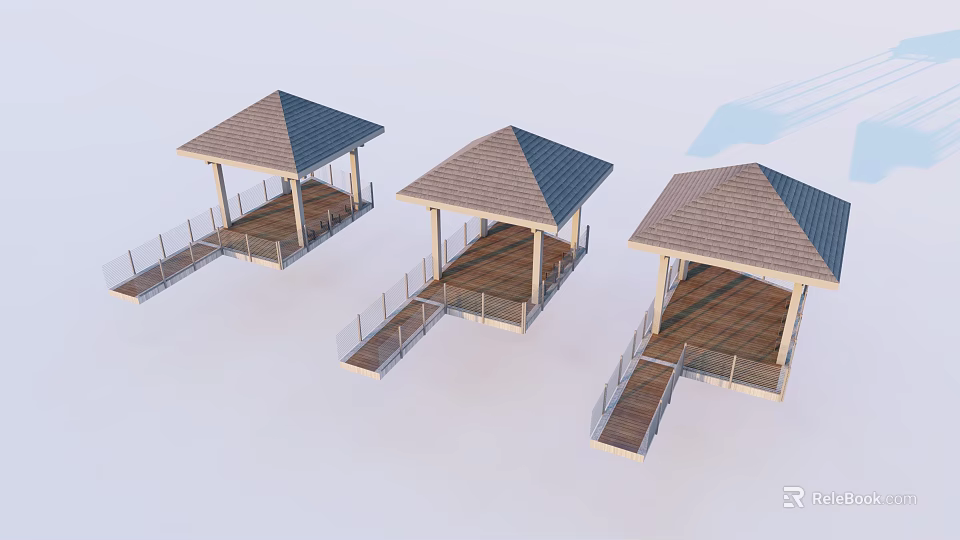 Three Outdoor Wooden Pavilions With Sloped Roofs Wooden Floors And Staircases 3d model 
