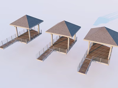 Three Outdoor Wooden Pavilions With Sloped Roofs Wooden Floors And Staircases 3d model