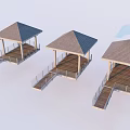 Three Outdoor Wooden Pavilions With Sloped Roofs Wooden Floors And Staircases