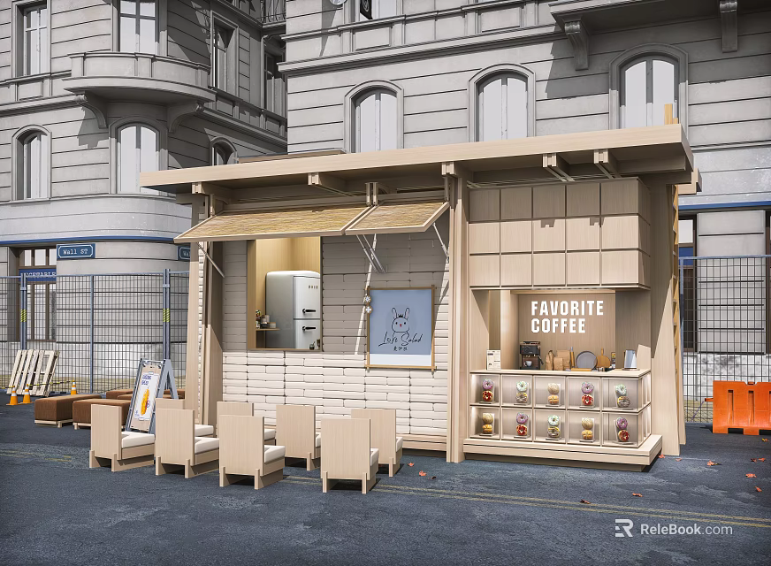 Wooden Coffee Shop Exterior With Outdoor Seating Awning And Coffee Display Shelves 3d model 